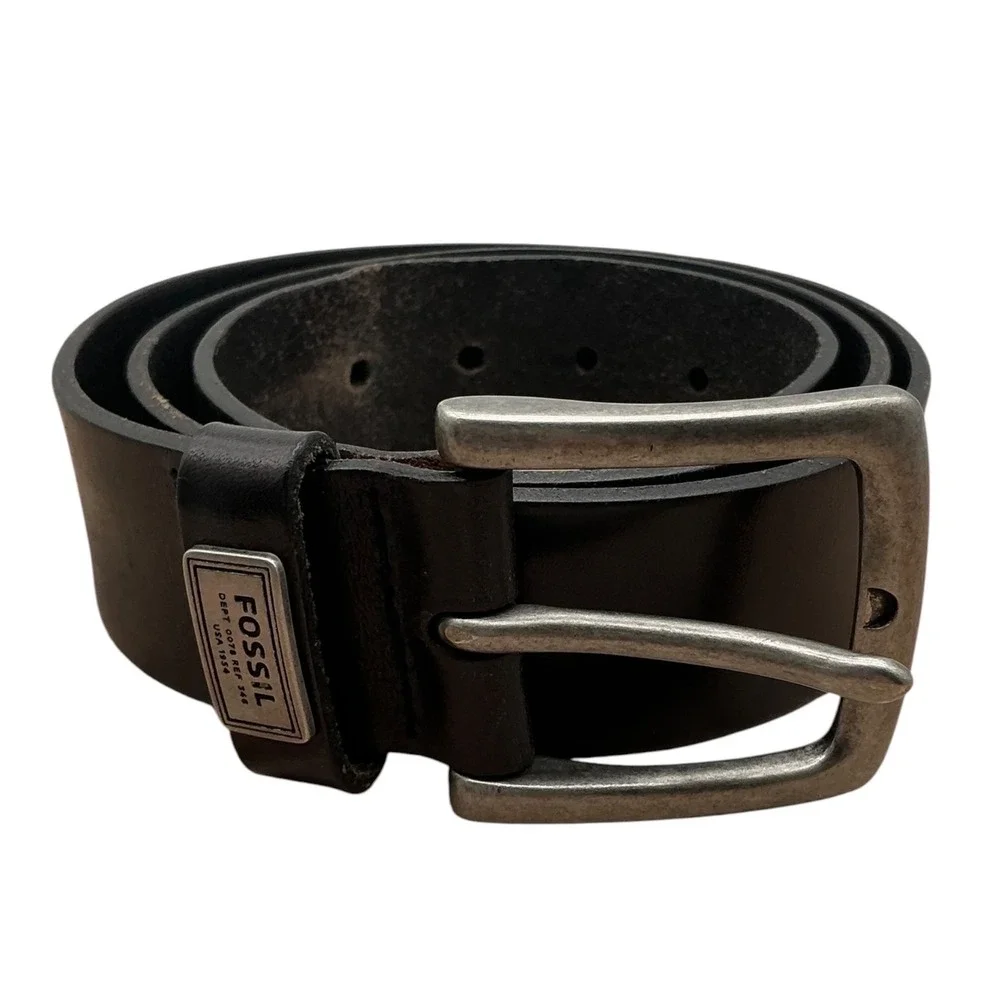 Fossil Mens‎ Black Leather Belt Brushed Silver Buckle Size 36 MB125400136